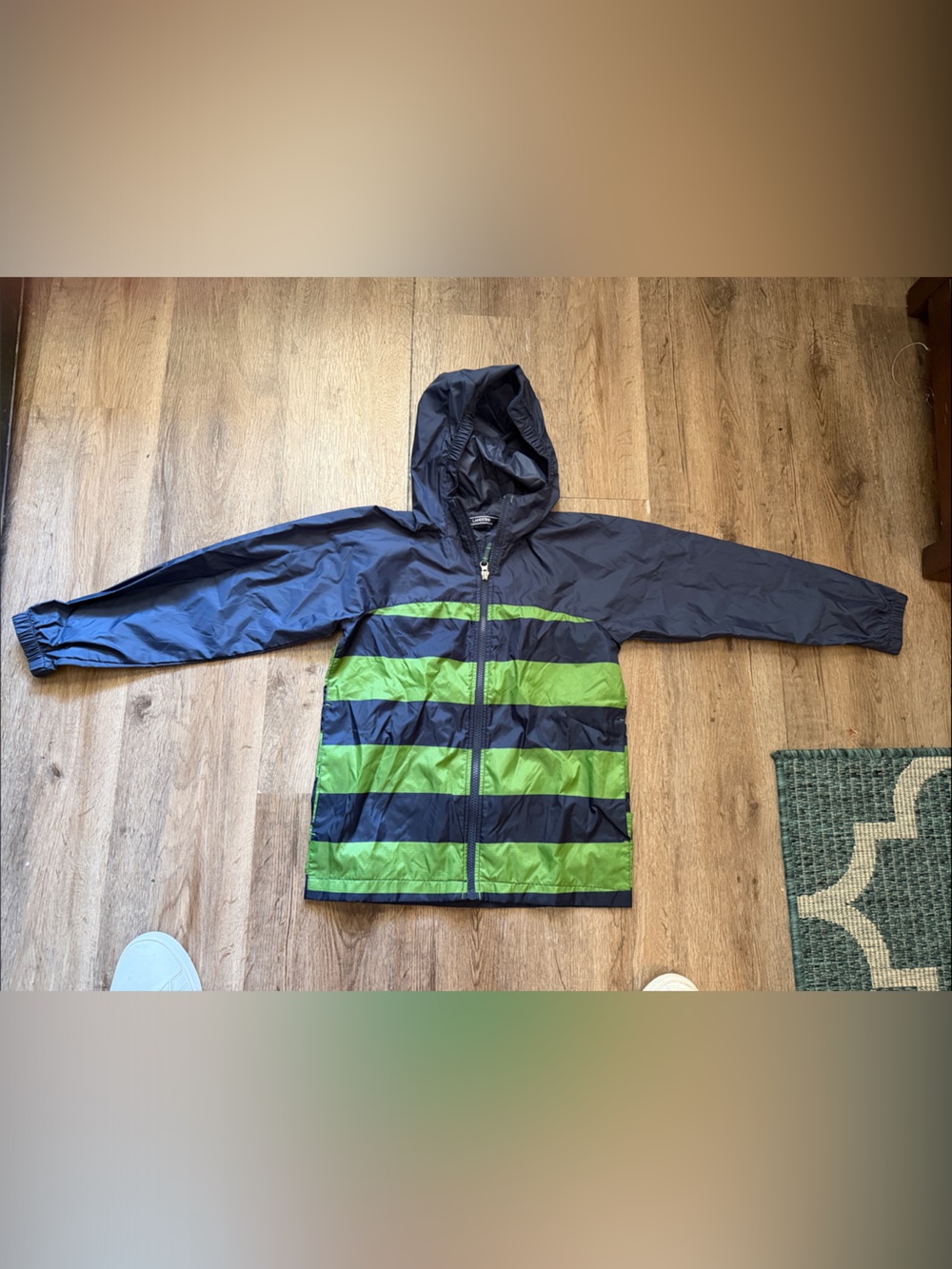Lands' End Kids Hooded Jacket in Navy and Lime Green Stripes